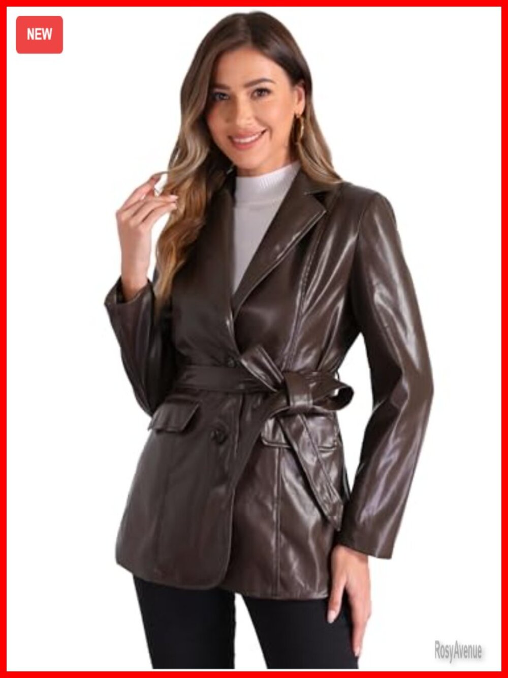 Faux Leather Blazer Jacket Button Down Tie Waist Notched Lapel Coat